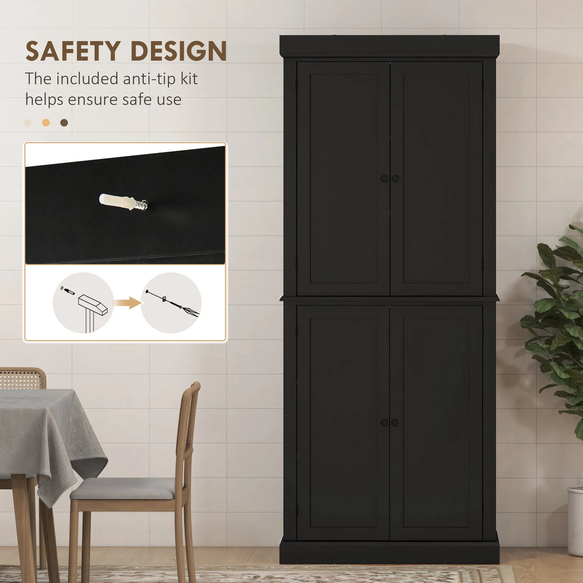 72.5" Freestanding Kitchen Pantry Cabinet with 4 Doors Black
