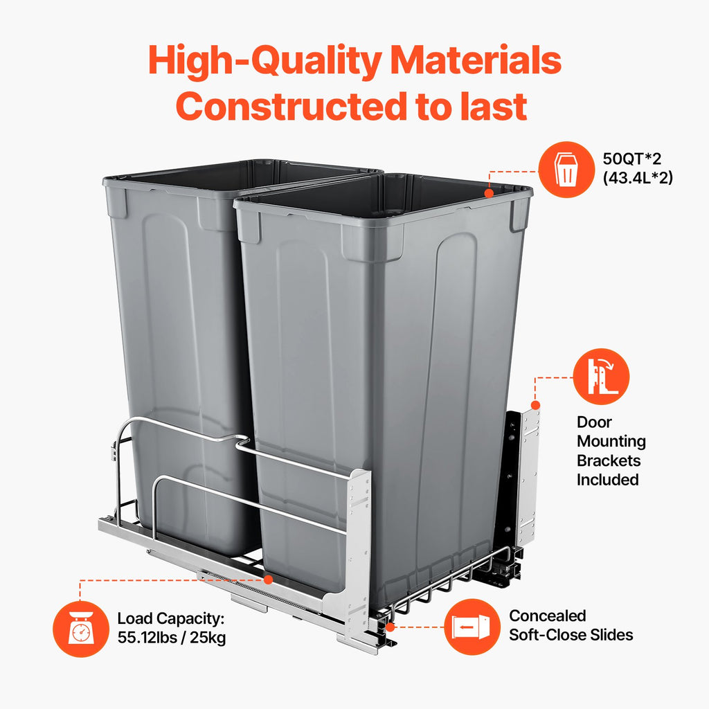 Double Pullout Waste Container Kitchen Trash Can With Soft Close Grey 50QTx2 - Image 2