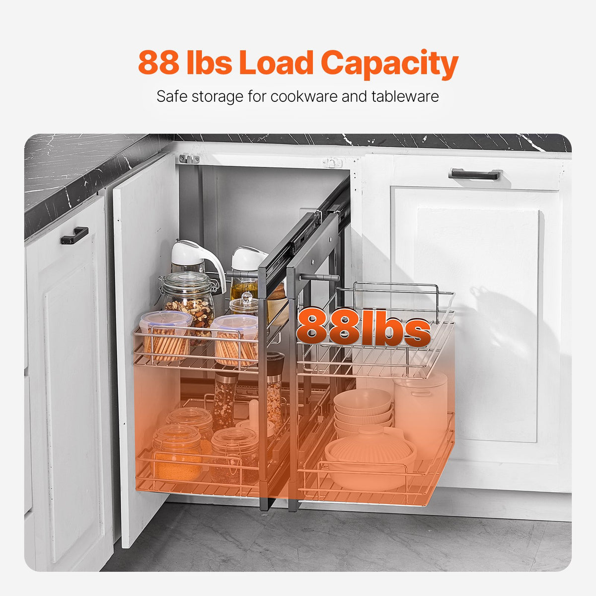 2 Tier Blind Corner Pull Out Organizer Chrome Kitchen Cabinet Shelf - Dimensions and Specifications