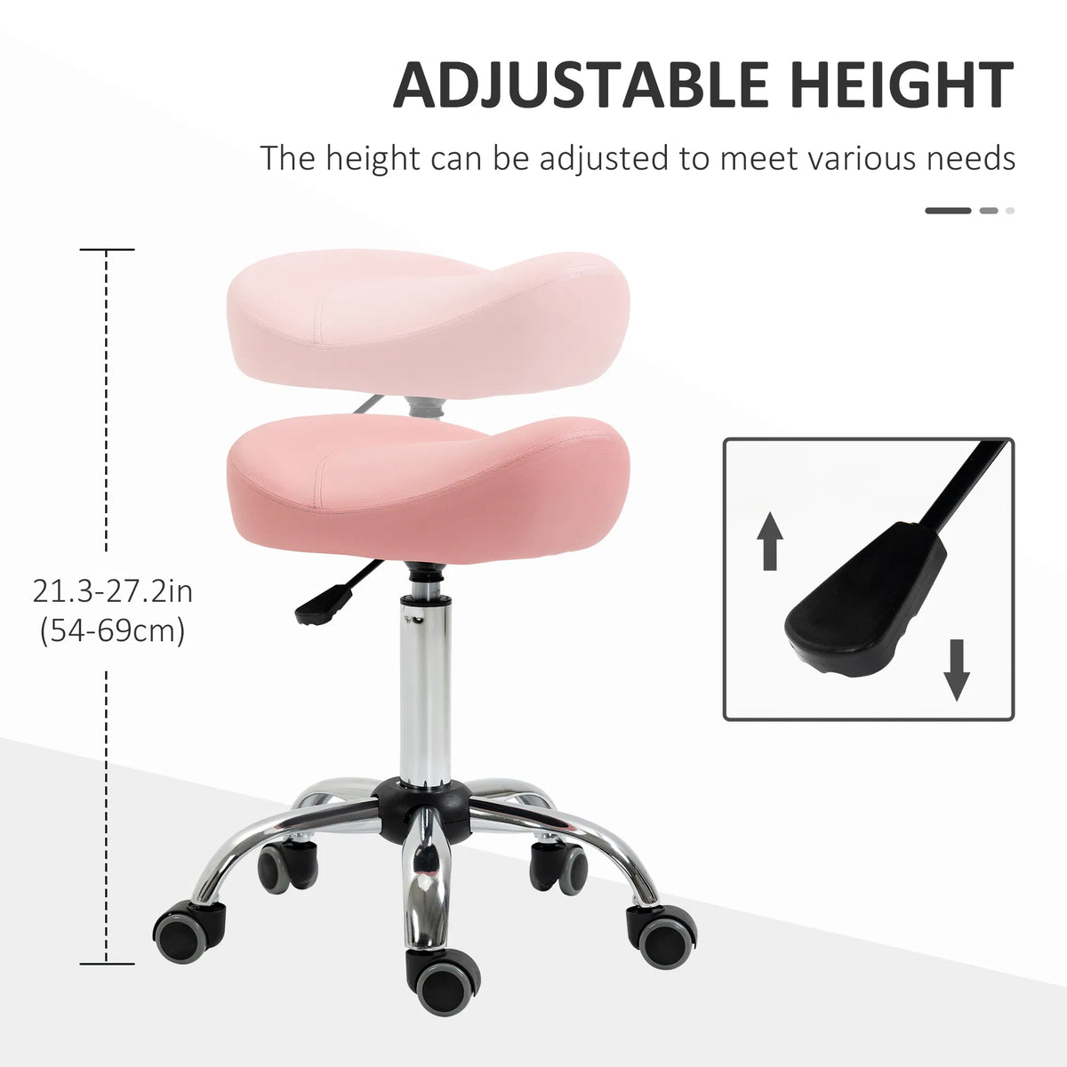 Saddle Stool Chic: Height Adjustable Rolling Salon Chair in Pink PU Leather for