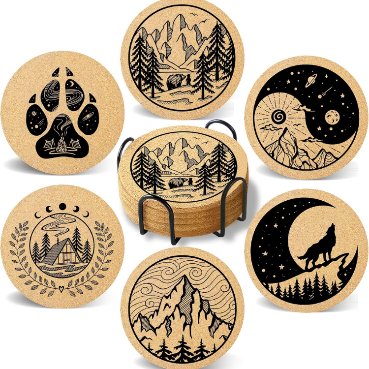 6 Piece Mountain Cork Coaster Set With Holder Inch Round Absorbent Drink - Image 4