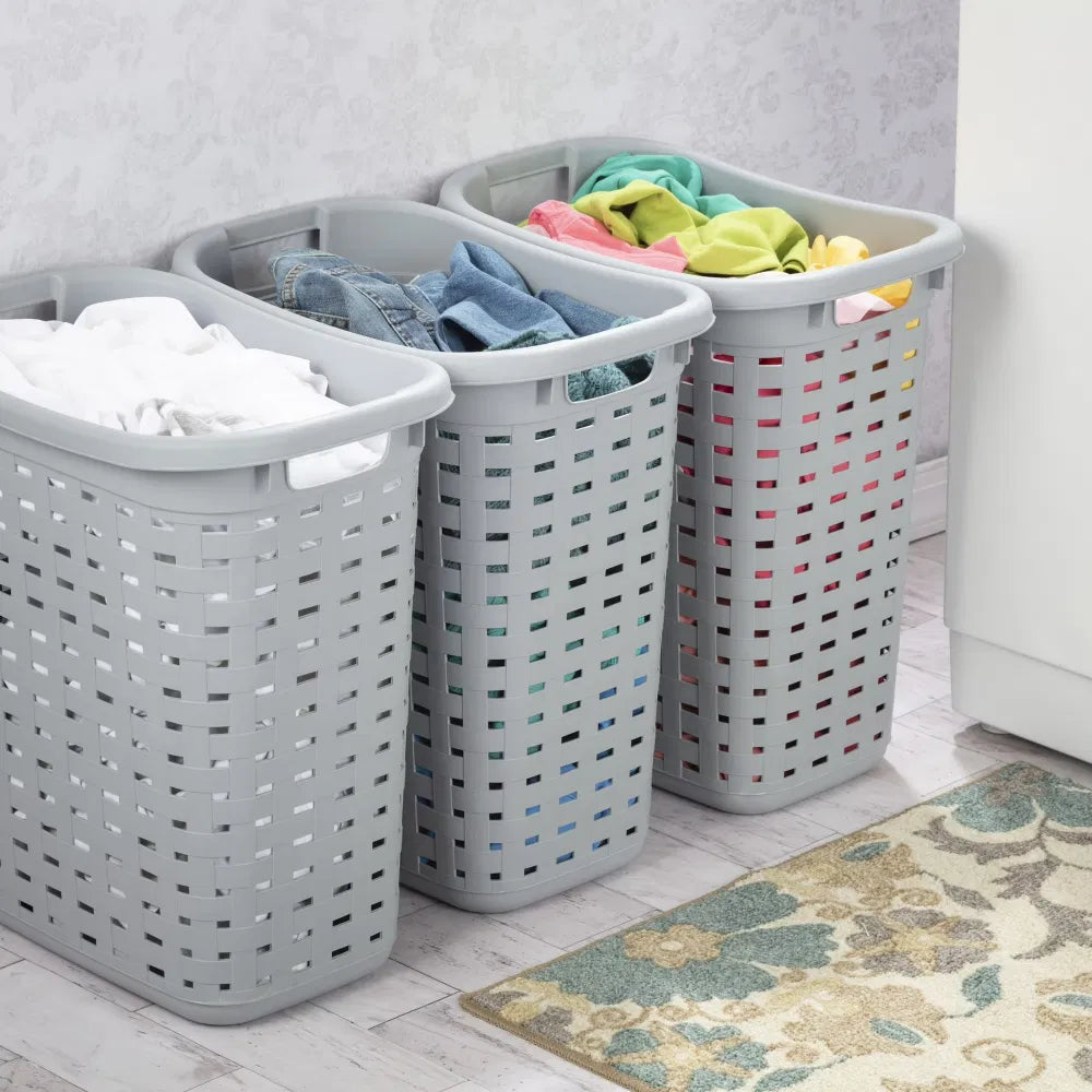 Weave Laundry Hamper with Lid Plastic Dcor Pattern and 2 Carry Handles Gray - Image 4
