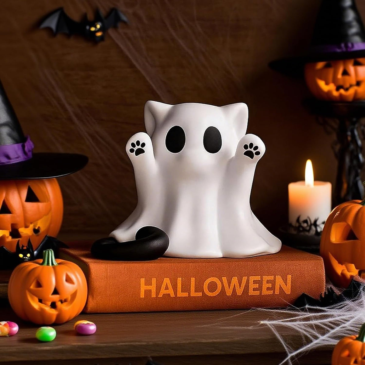 Cute Ghost Cat Figurine Halloween Mini Spooky Statue Tabletop Desk Decor Gift - Image 4