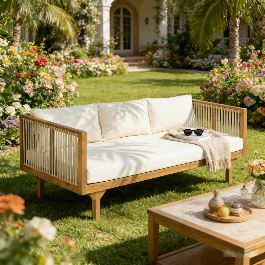 Outdoor Patio Sofa with Acacia Wood Frame and Rope Detail