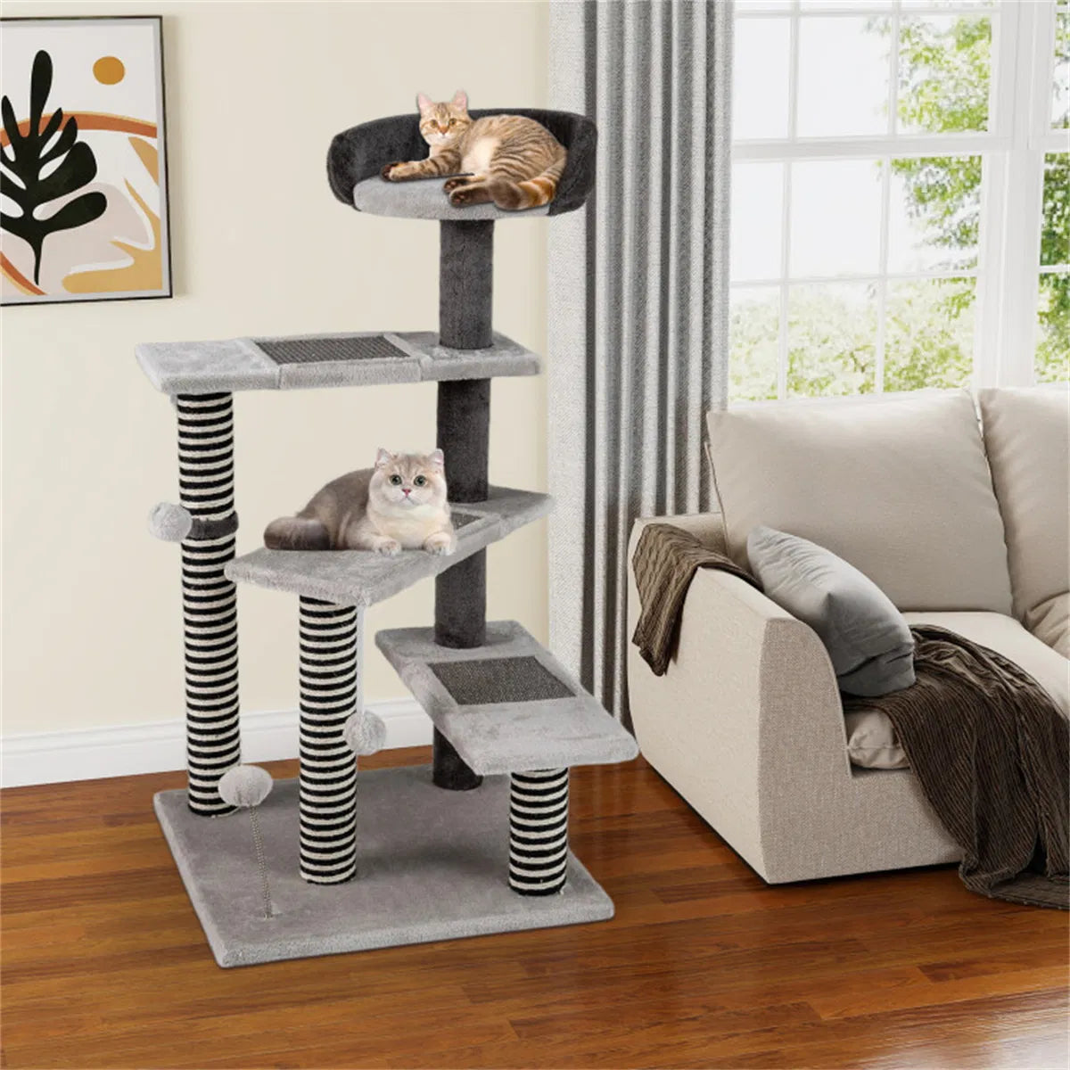 37" tall Cat Stairs with Scratching Mats 3 Tier Perches Spring Ball & - Image 2