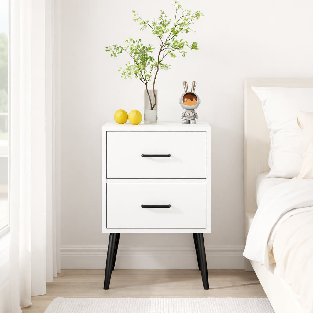 White 2-Drawer Nightstand with Metal Legs