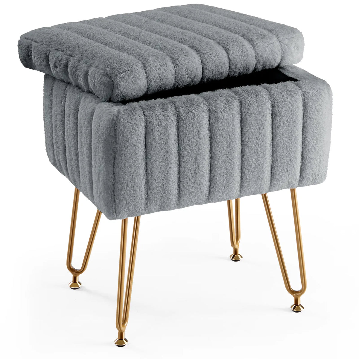 Vanity Stool Chair with Storage Ottoman Faux Fur Soft Padded Makeup Footstools - Image 4