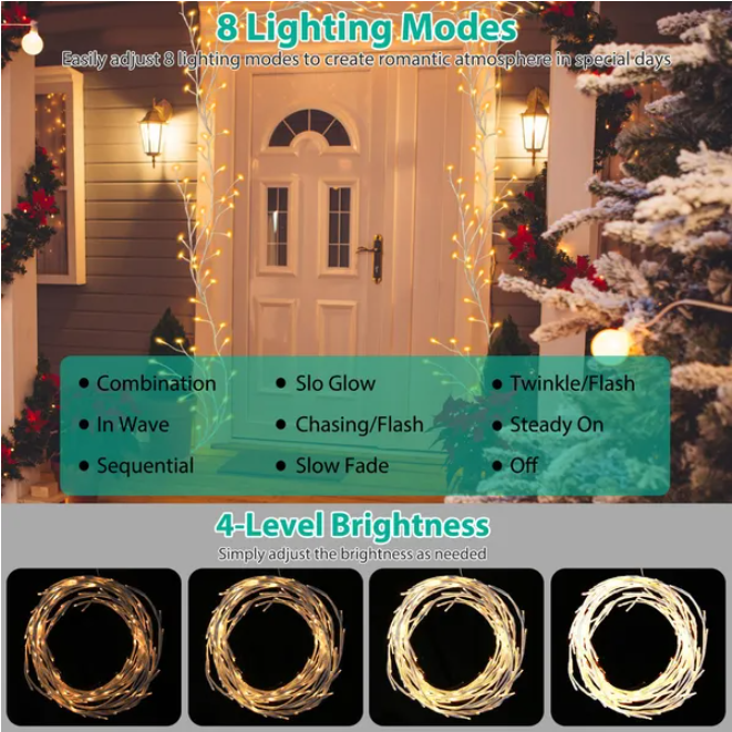 Birch Flower Wreath With Light String And Timer 8 Modes IP45 Waterproof