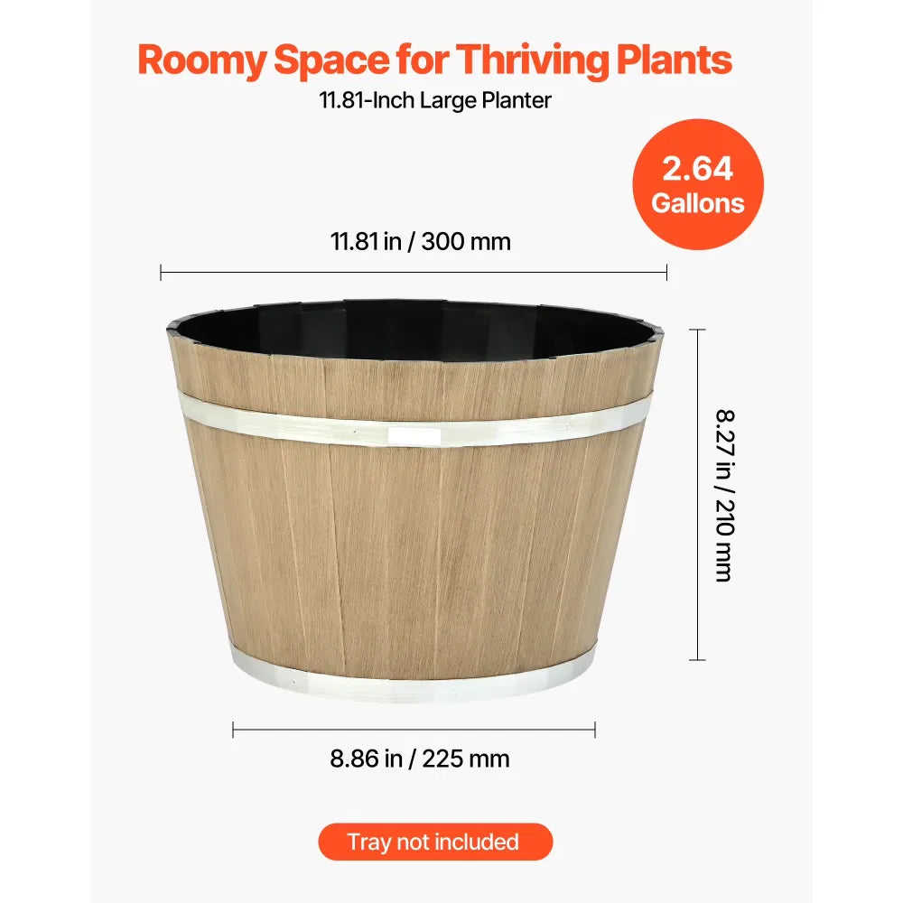 Set of 4 Large 11.81 inch Whiskey Barrel Style Planters with Drainage Holes