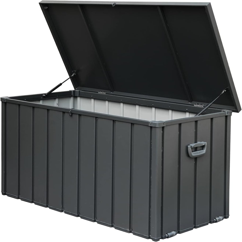 150-gallon all weather resin outdoor deck storage box with hydraulic struts in dark gray - main view