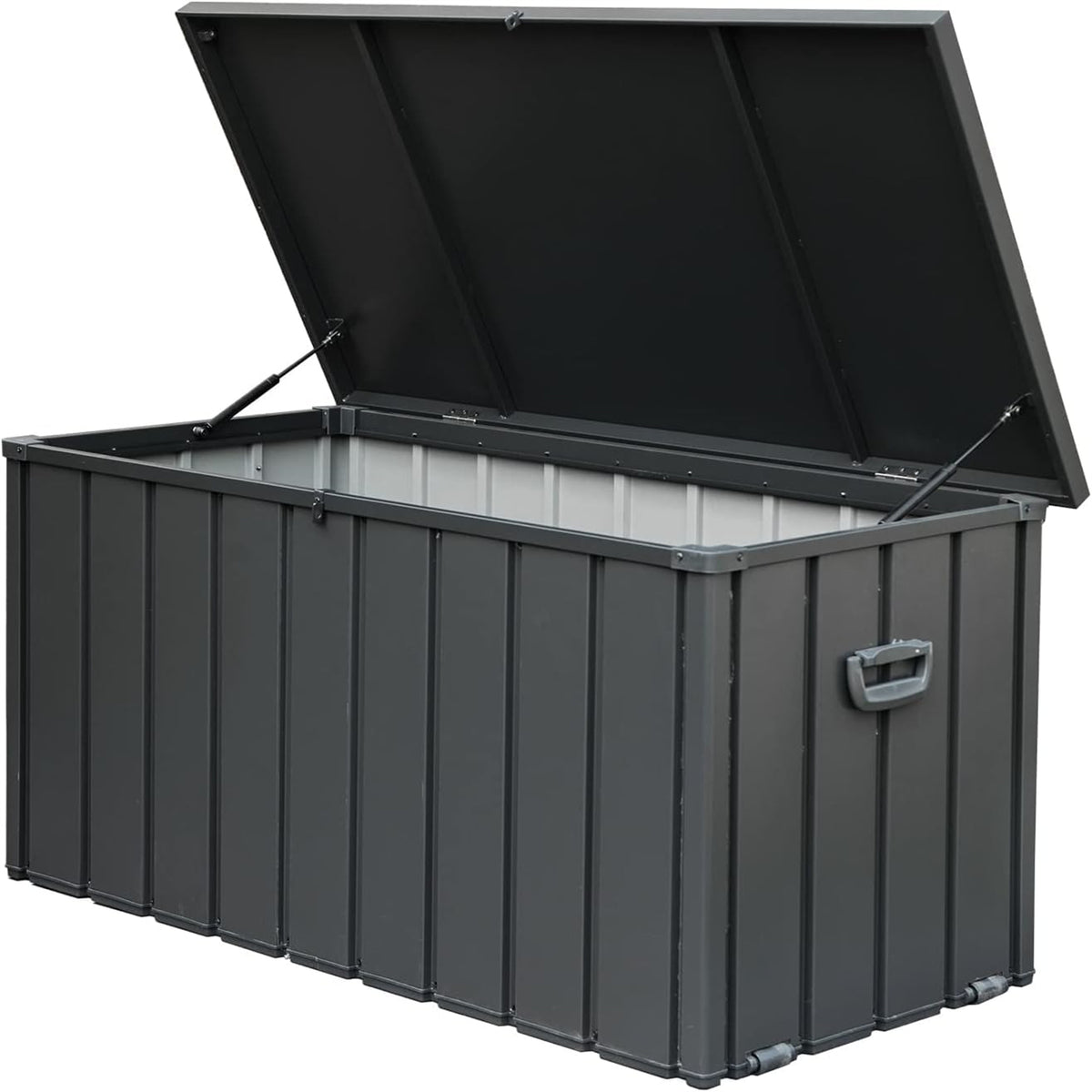 150-gallon all weather resin outdoor deck storage box with hydraulic struts in dark gray - main view