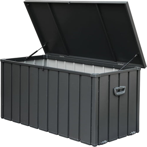 150-gallon all weather resin outdoor deck storage box with hydraulic struts in dark gray - main view