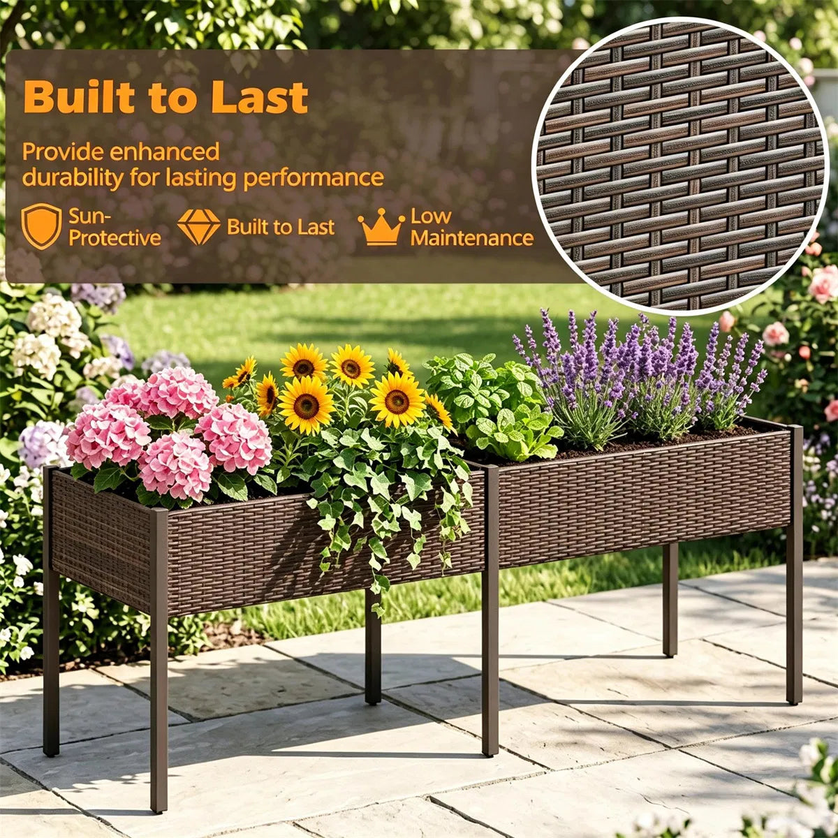 2 Section PE Rattan Raised Garden Bed 29" Ergonomic Elevated Planter Box with - Image 4