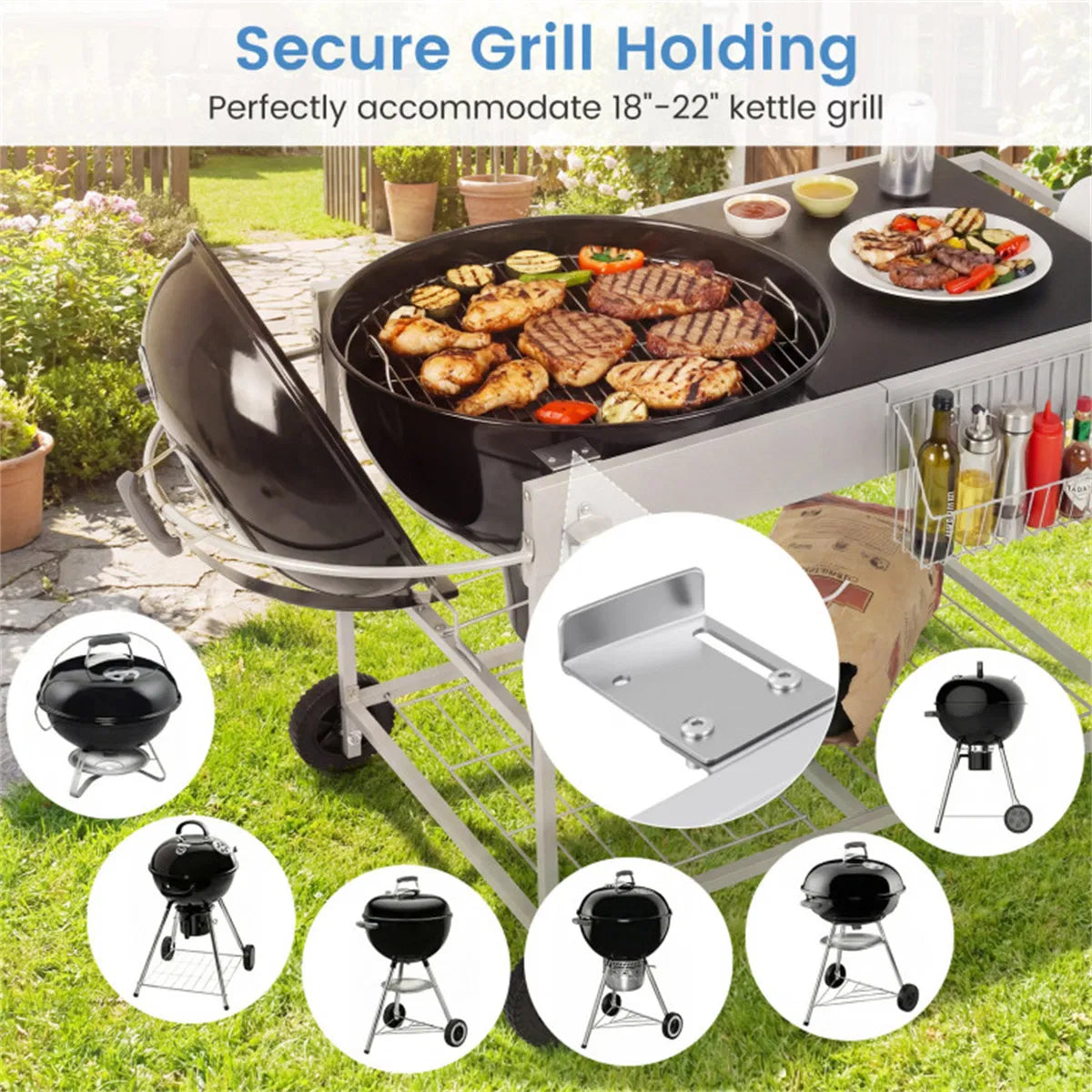 Outdoor Grill Cart For 18 22 Inch Kettle Grills Metal BBQ Stand With Lid