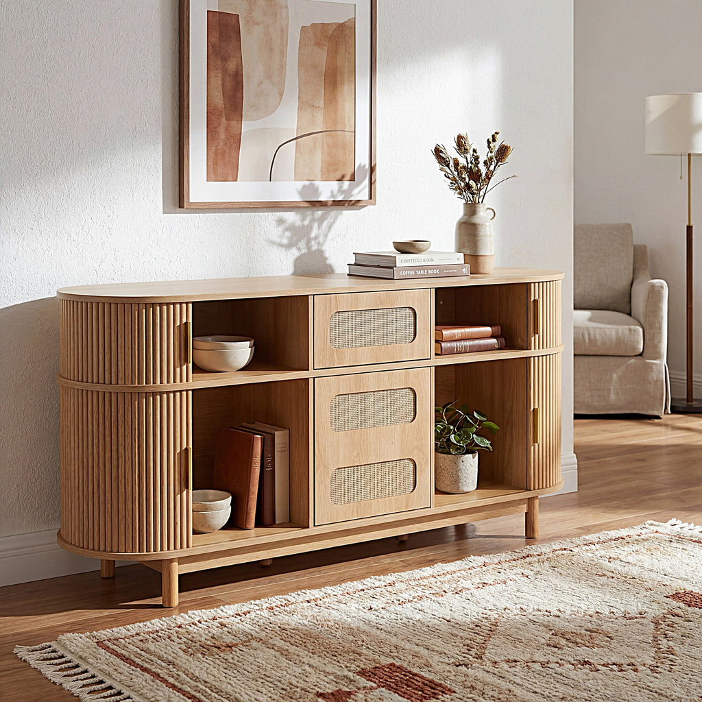 60.04" Natural Color Sideboard Buffet Cabinet with 4 Sliding Fluted Doors for - Image 3