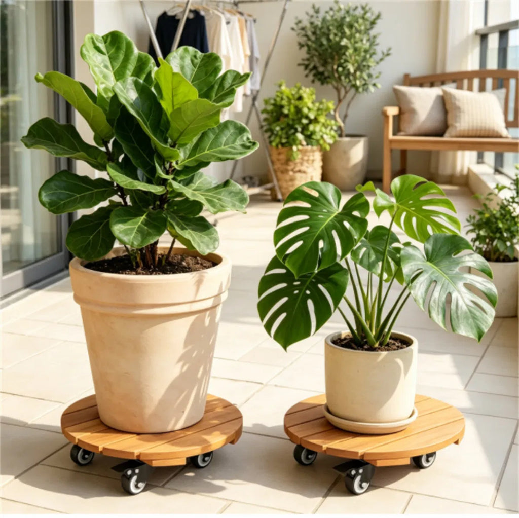 Set of 4 Natural Finish Wooden Plant Pot Mover Portable Round Plant Stand with - Image 2