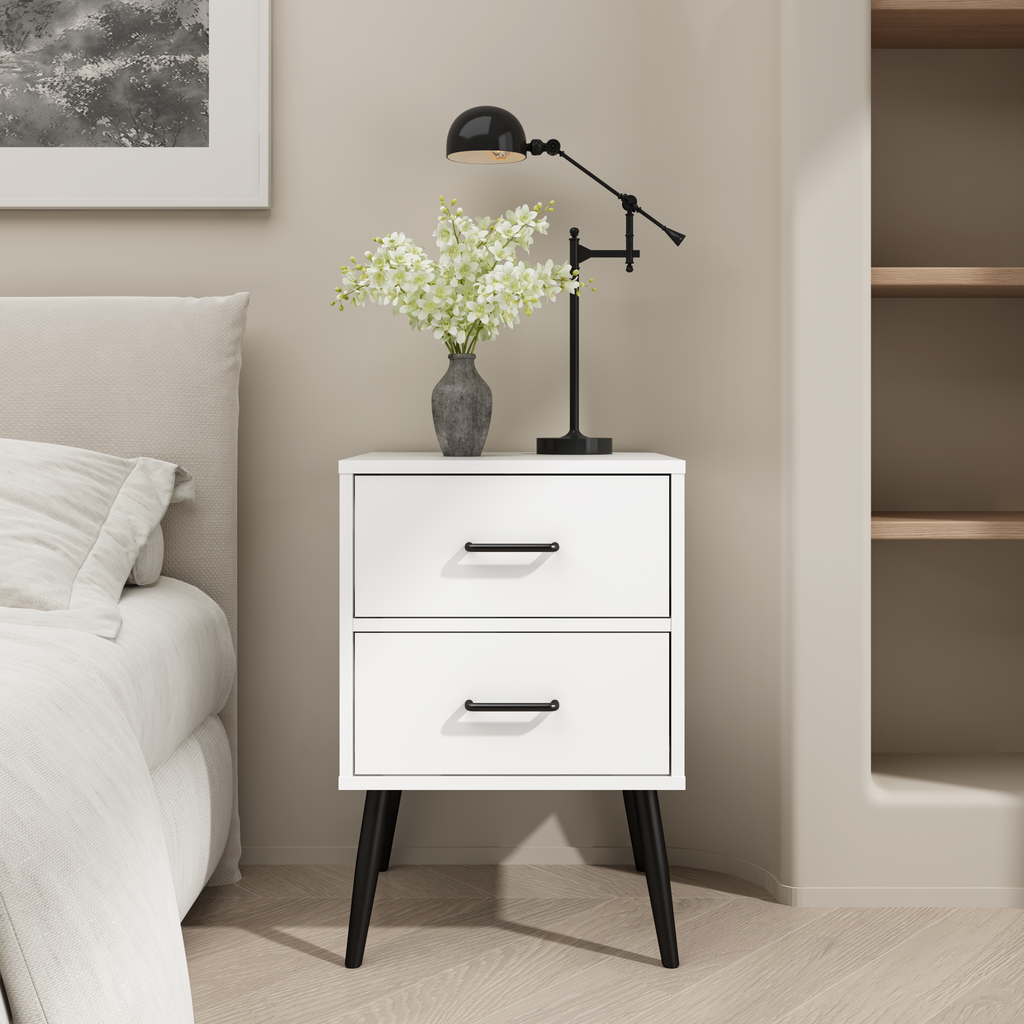 White 2-Drawer Nightstand with Metal Legs