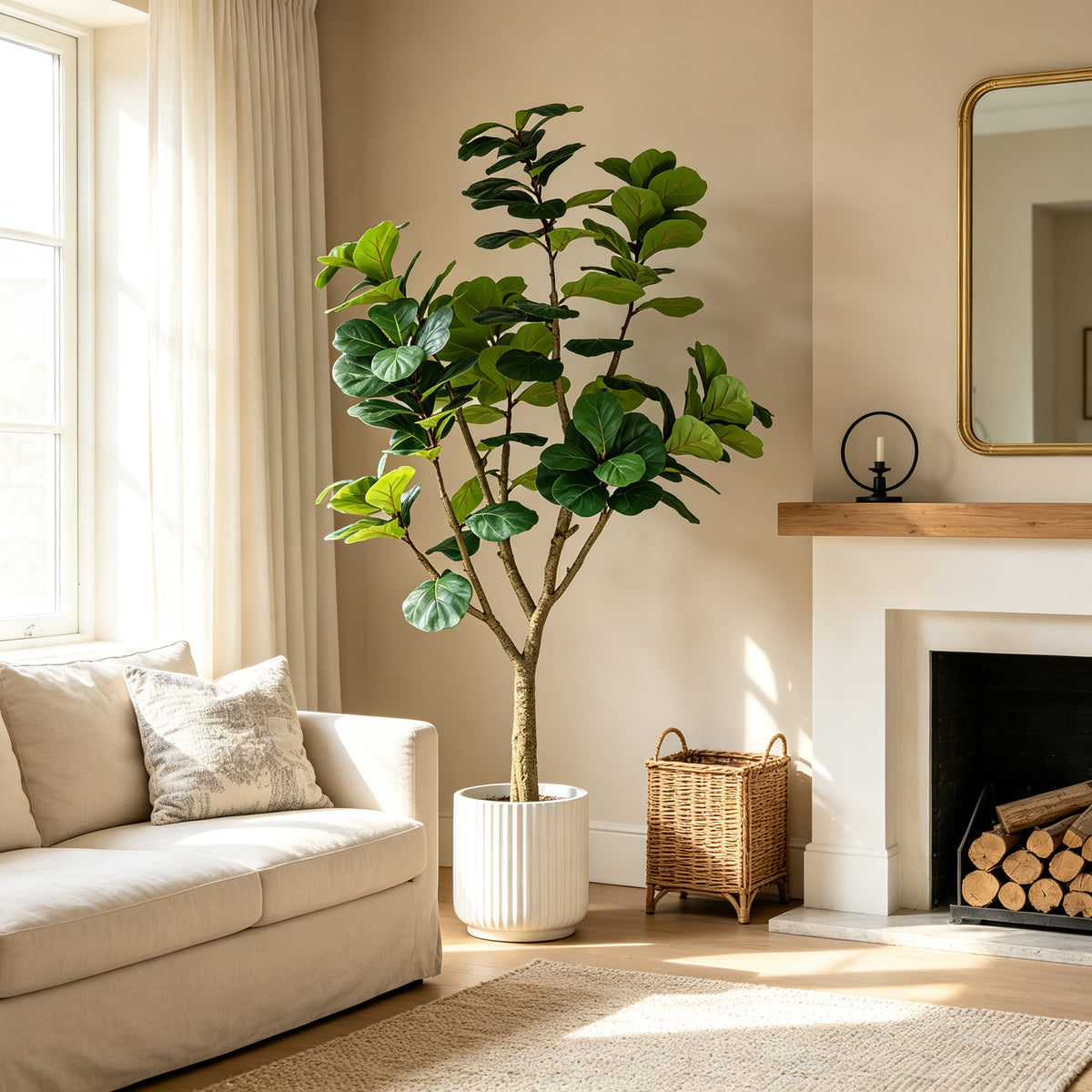 7FT Artificial Fiddle Leaf Fig Tree Realistic Faux Potted Plant in Black Pot - Image 3