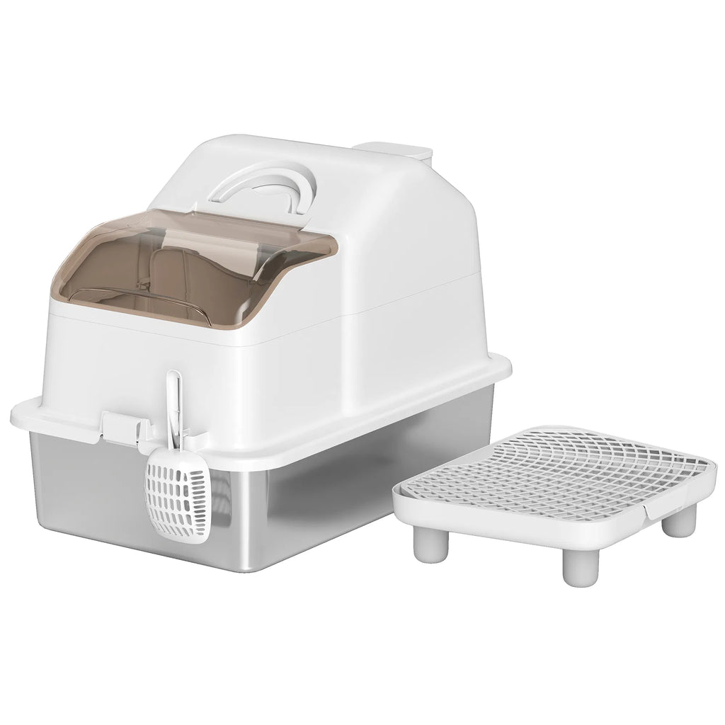 Extra Large Stainless Steel Cat Litter Box w/ High Sided Removable Lid Mats