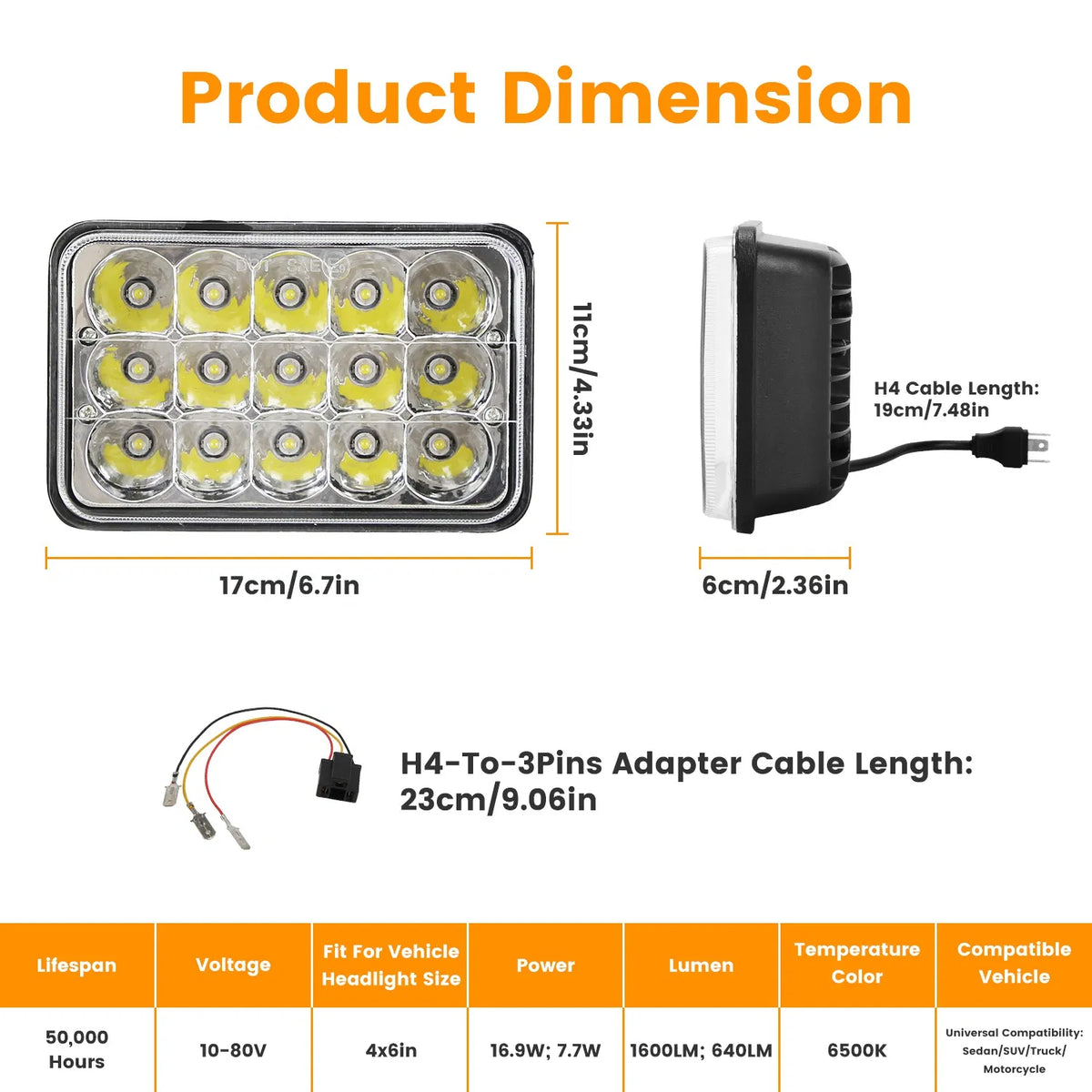4x6in Car LED Headlights Vehicle Rectangular Headlamp with H4 Socket - Image 3