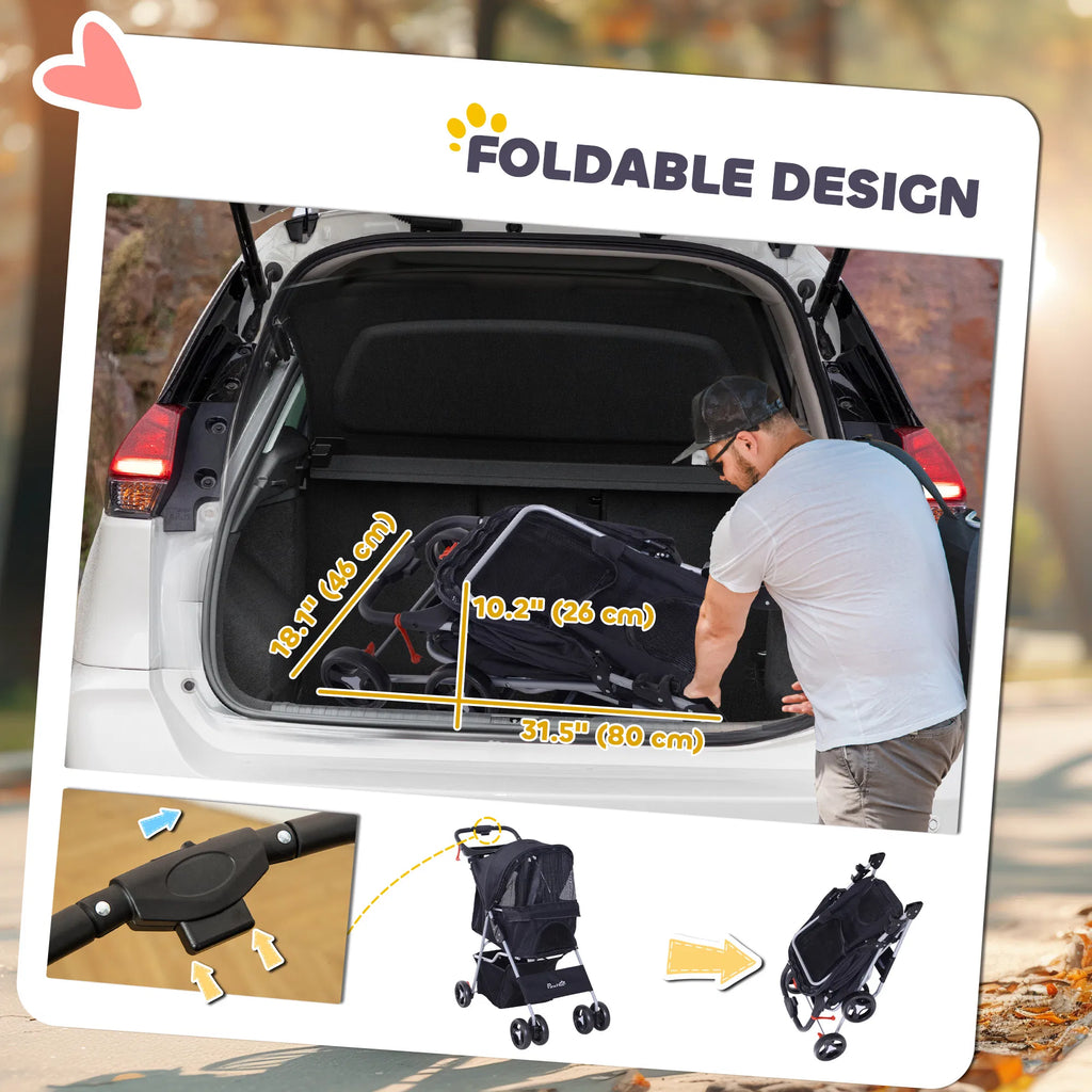 Dog Stroller One click Folding Pet Stroller with Cup Holder 4 Wheels Travel