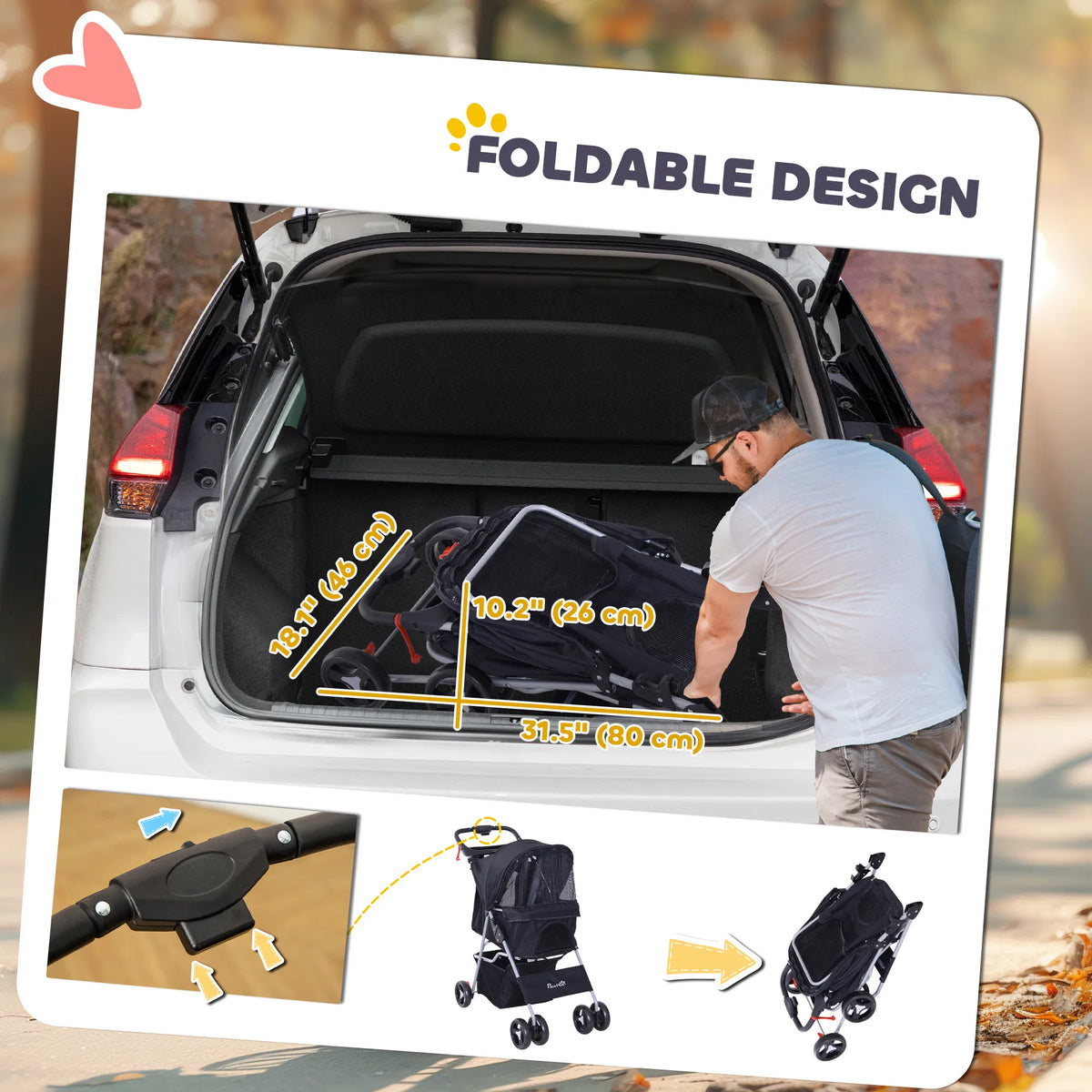 Dog Stroller One click Folding Pet Stroller with Cup Holder 4 Wheels Travel