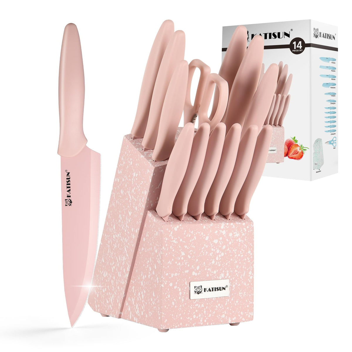 Kitchen Knife Set With Block 14 Piece Pink Non Stick Paint Coating Stainless - Image 3