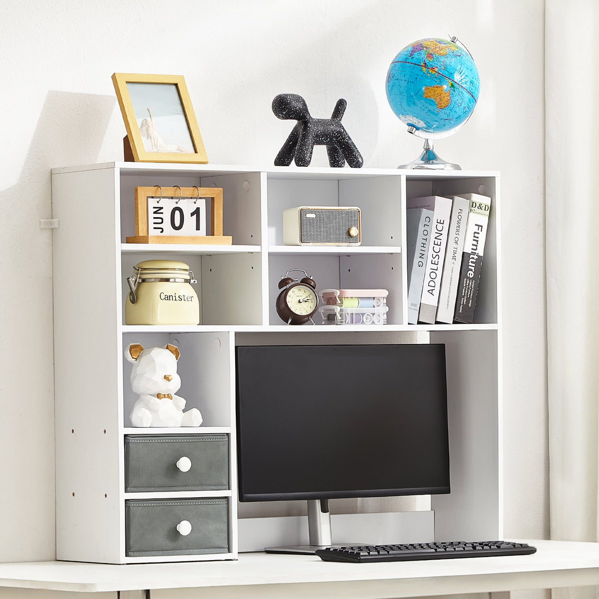 3-Tier Desktop Storage Organizer Bookshelf with Drawers - White - In-Room Placement View