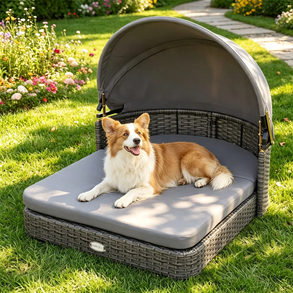 Gray Hand Woven PE Rattan Dog Bed with Adjustable Canopy Elevated Outdoor Pet