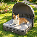 Gray Hand Woven PE Rattan Dog Bed with Adjustable Canopy Elevated Outdoor Pet