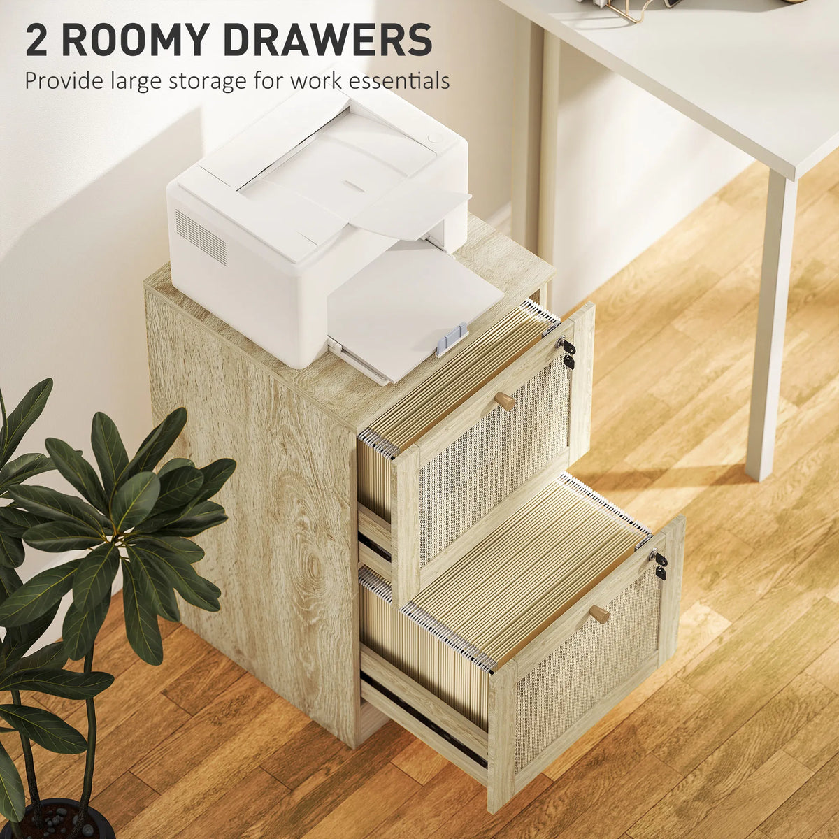 2 Drawer Filing Cabinet with Lock Boho File Cabinet for A4 Letter Size Files - Image 3