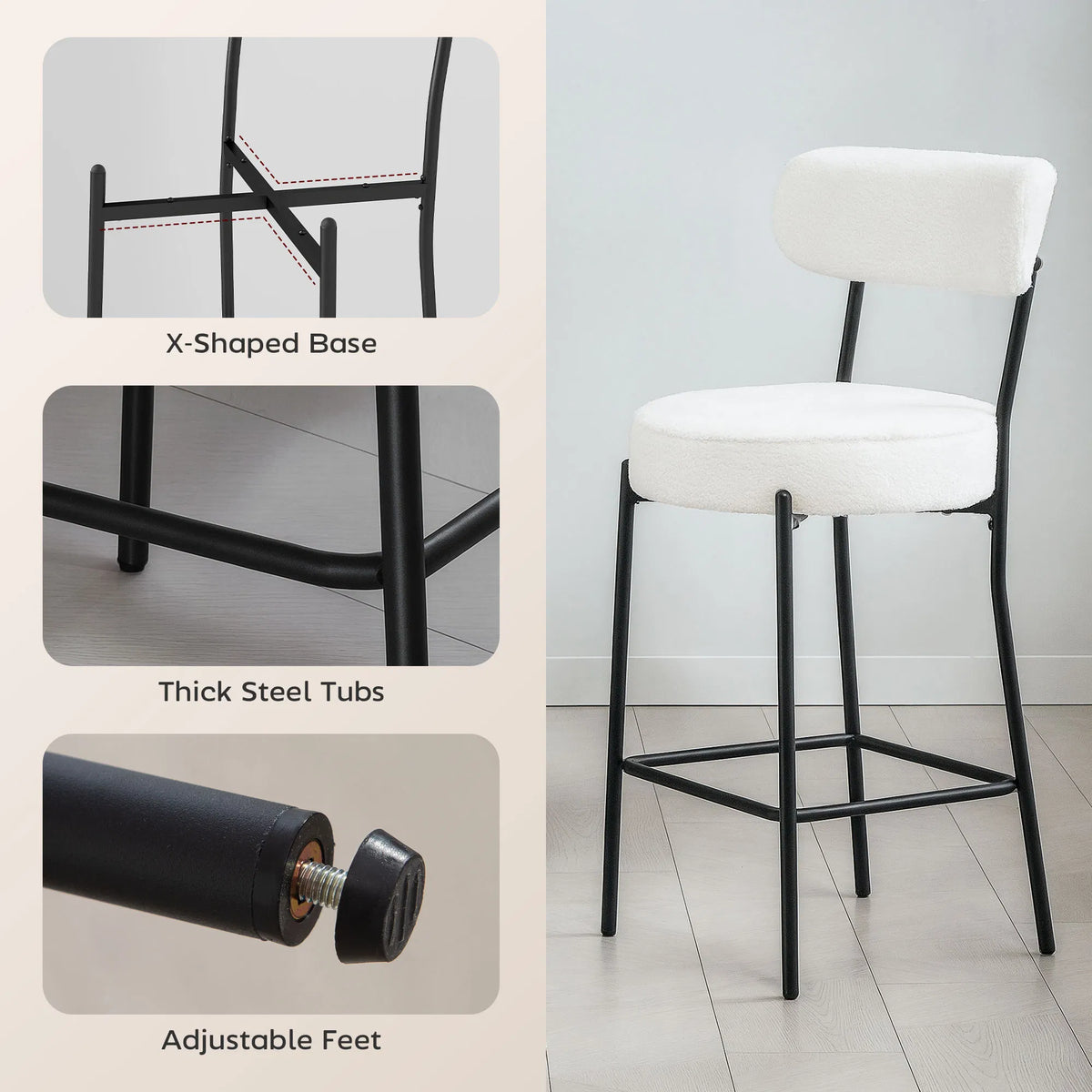 Set of 2 Barstools Upholstered Bar Stools with Backrest Footrest for Kitchen - Image 5