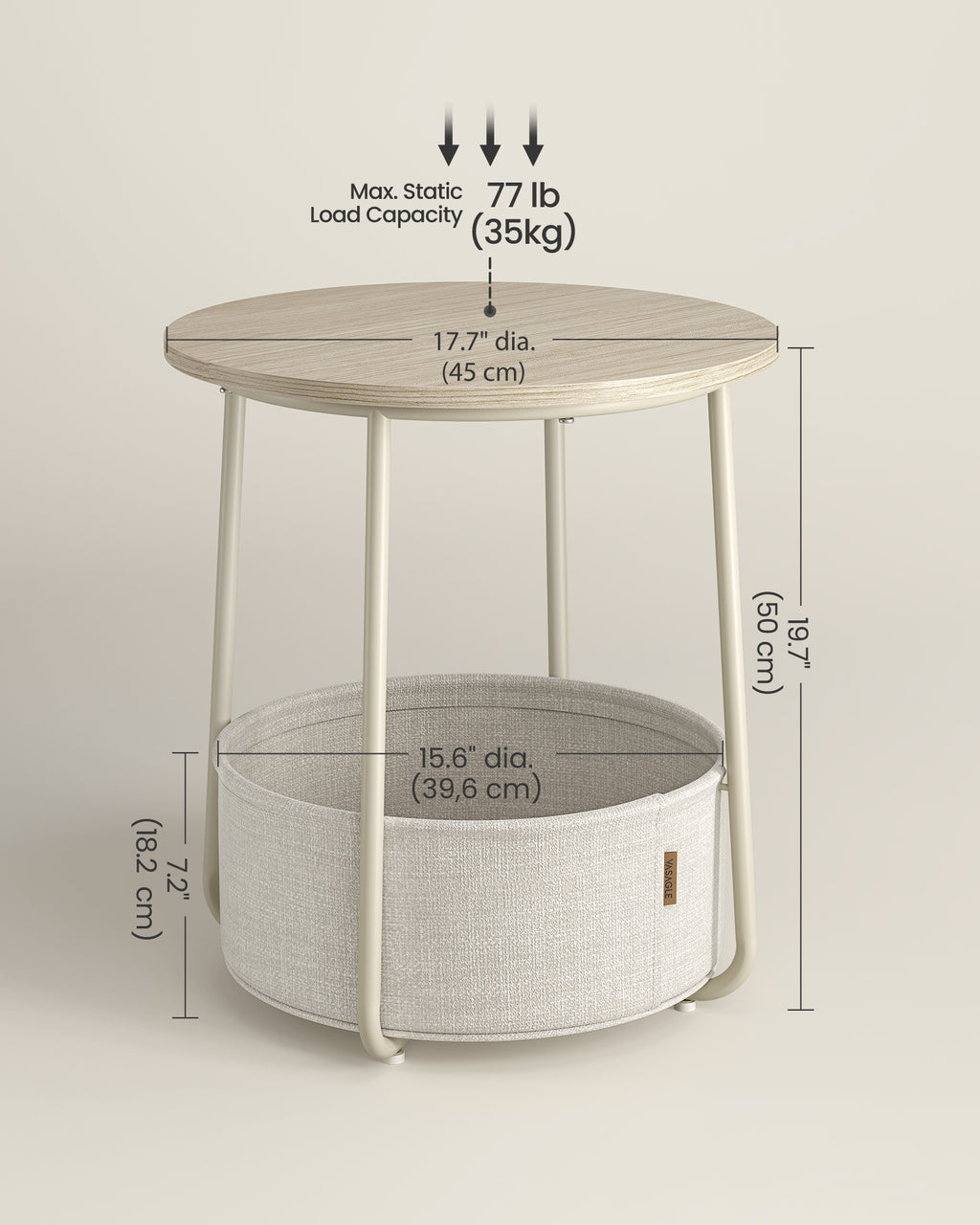 VASAGLE Small Round Side End Table Small Nightstand With Fabric Basket - Image 3