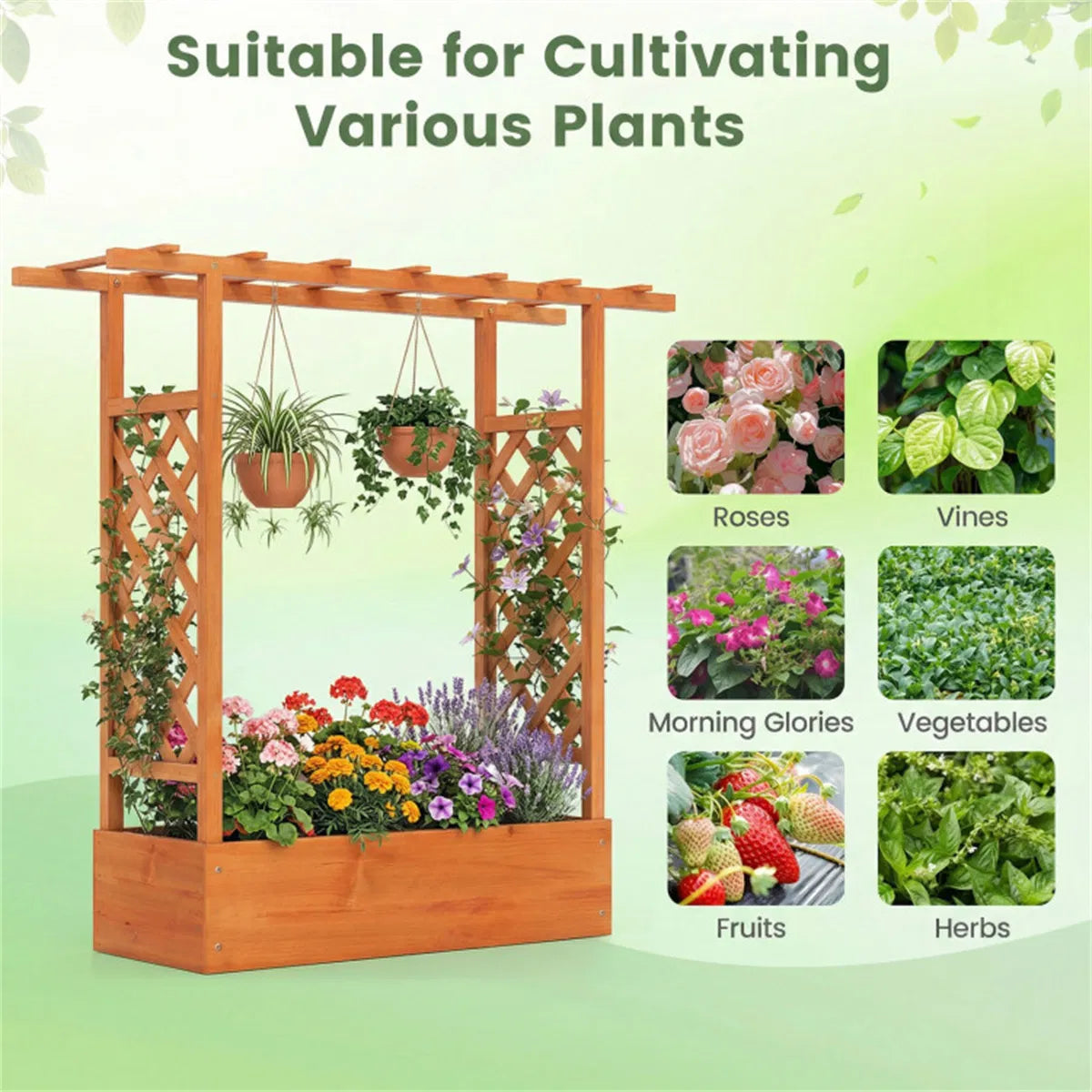 Fir Wood Raised Garden Bed with Side Trellis 109.22×35.56×114.30 cm Planter - Image 5