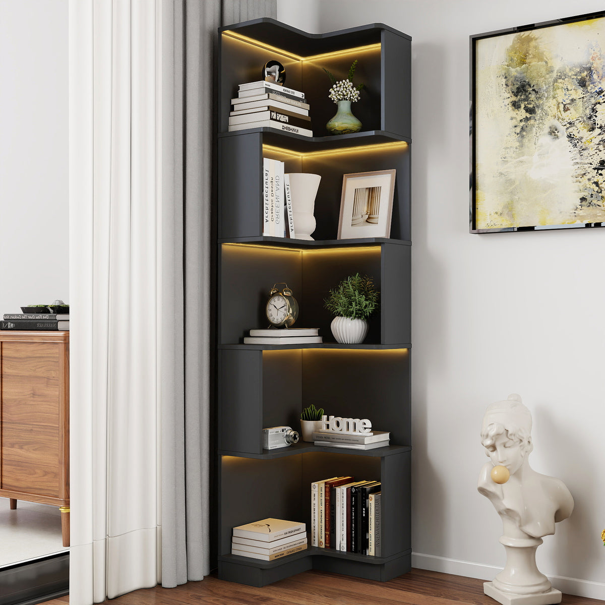 5-Tier Corner Bookshelf with LED Lights