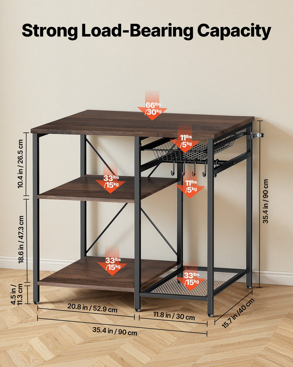 Kitchen Bakers Rack 35 Inch Width Stand With Shaped Support Bar Hooks Multi - Angle and Detail View