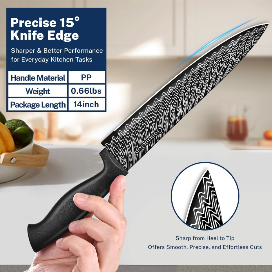 3 Piece Kitchen Knife Set With Blade Covers Black Damascus Pattern Nonstick - Image 3