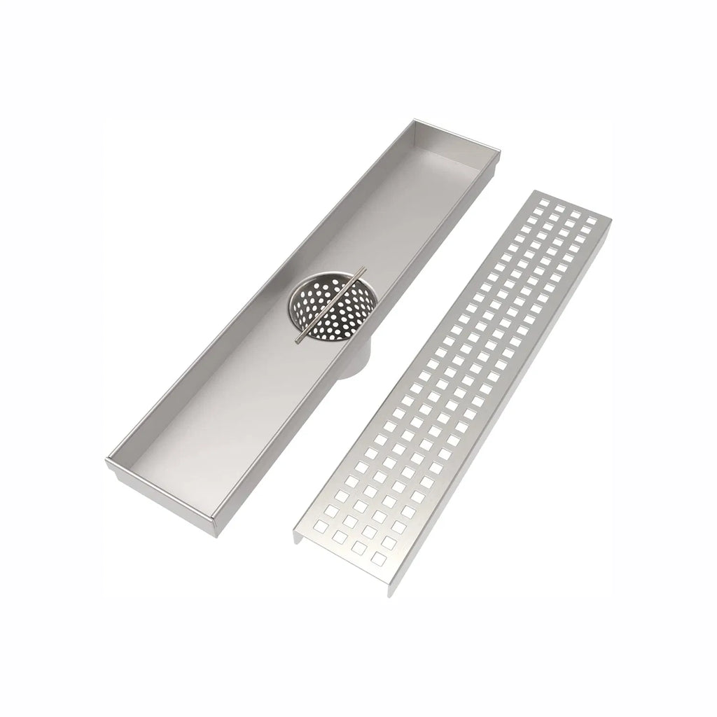 12 Inch Linear Shower Drain with Removable Square Patterned Grate 304