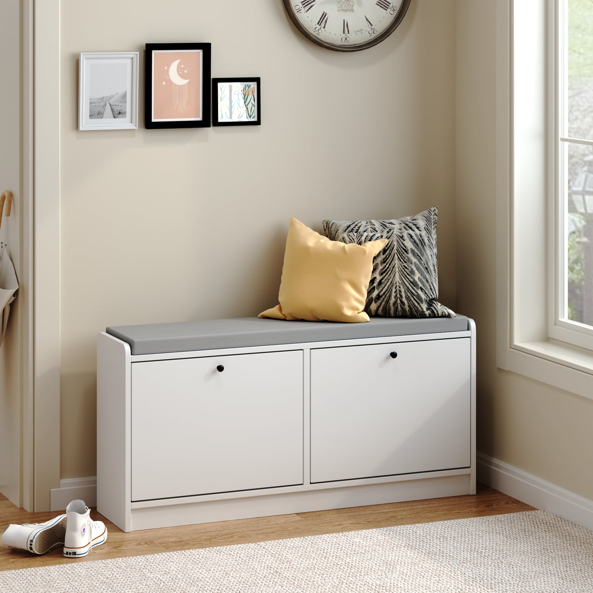 White Shoe Storage Bench with Cushion