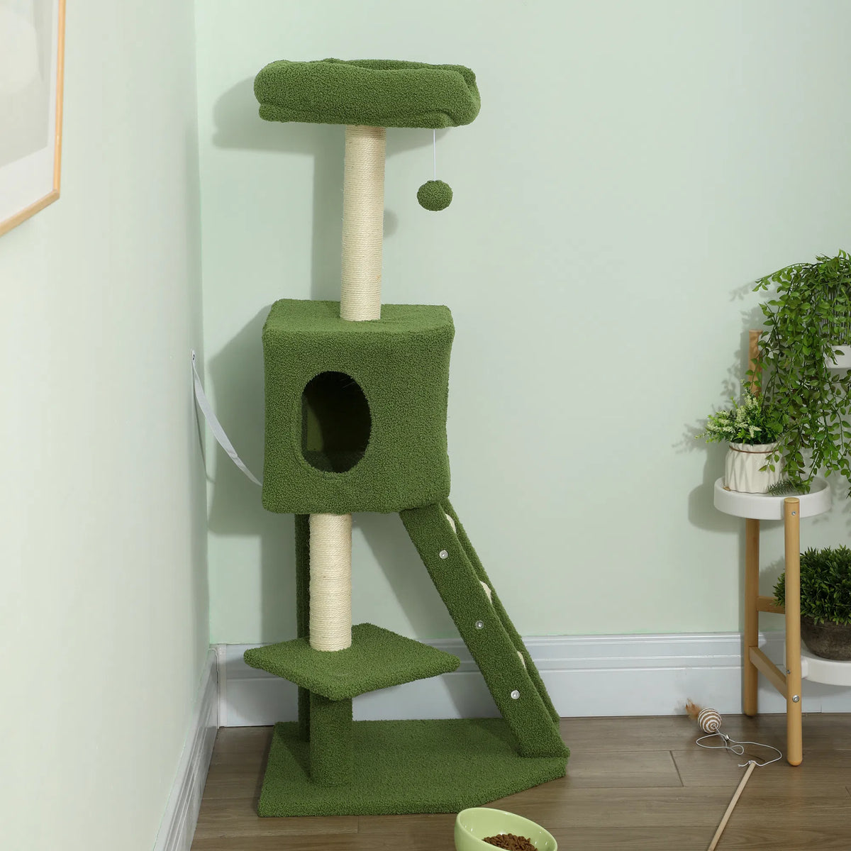 47" Tall Cat Tree Tower with Condo Ladder Scratching Posts and Hanging Ball Green