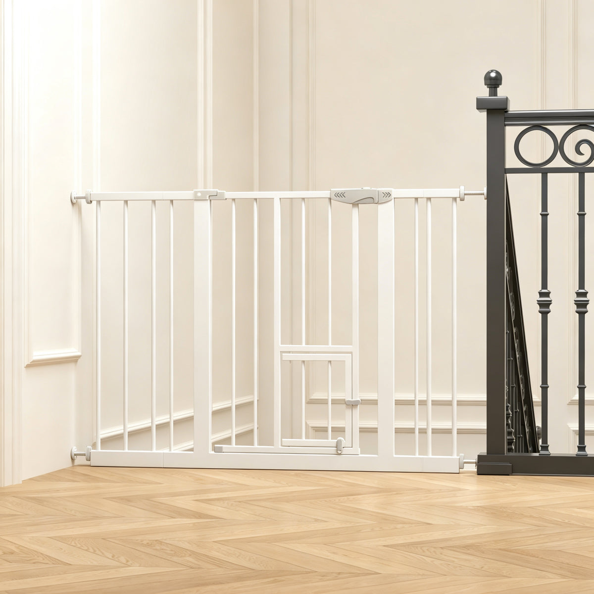Baby Gate With Cat Door 29 44 1" Metal Pet For Stairs Doorways Pressure - Image 4