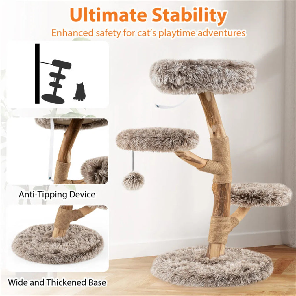 4 Level Natural Pear Wood Cat Tree 19.5"x35.5" Jute Scratch Posts + Plush