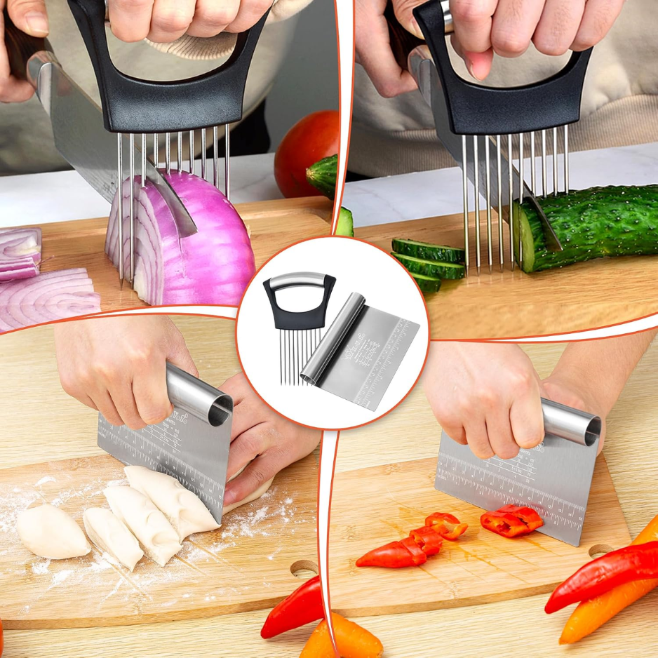 Multi Purpose Stainless Steel Bench Scraper & Onion Holder Slicer Set Dough - Image 3