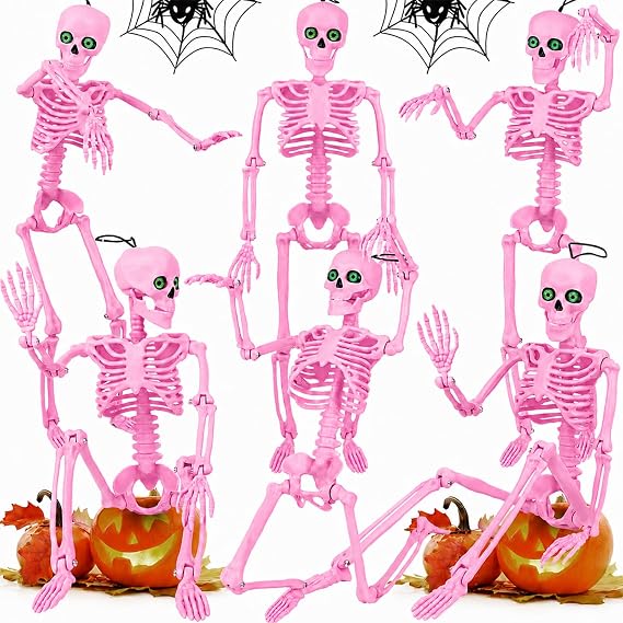 6 Piece 16 Inch Pink Halloween Skeleton Decorations With Movable Joints Eyes - Image 4