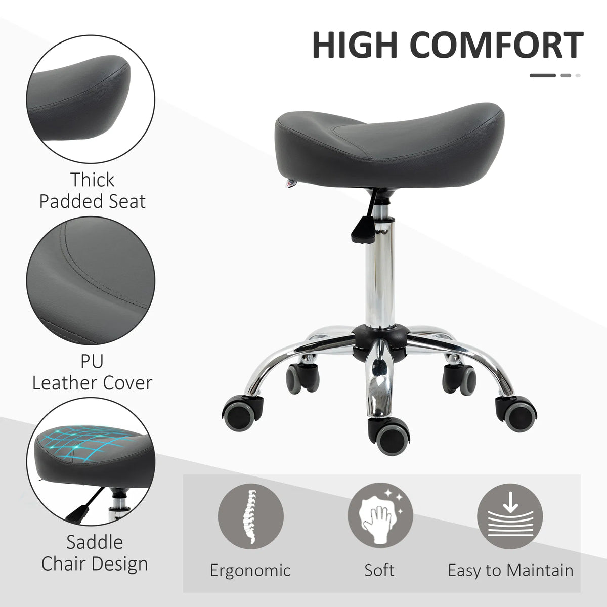 Saddle Stool Height Adjustable Rolling Salon Chair with PU Leather for - Image 3