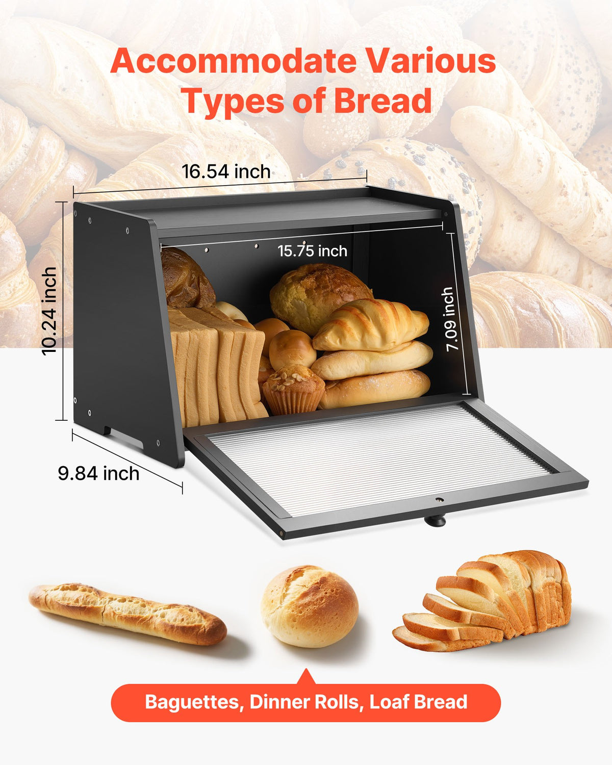 Bread Box For Kitchen Counter Large Capacity Bamboo Storage Container Black - Image 4