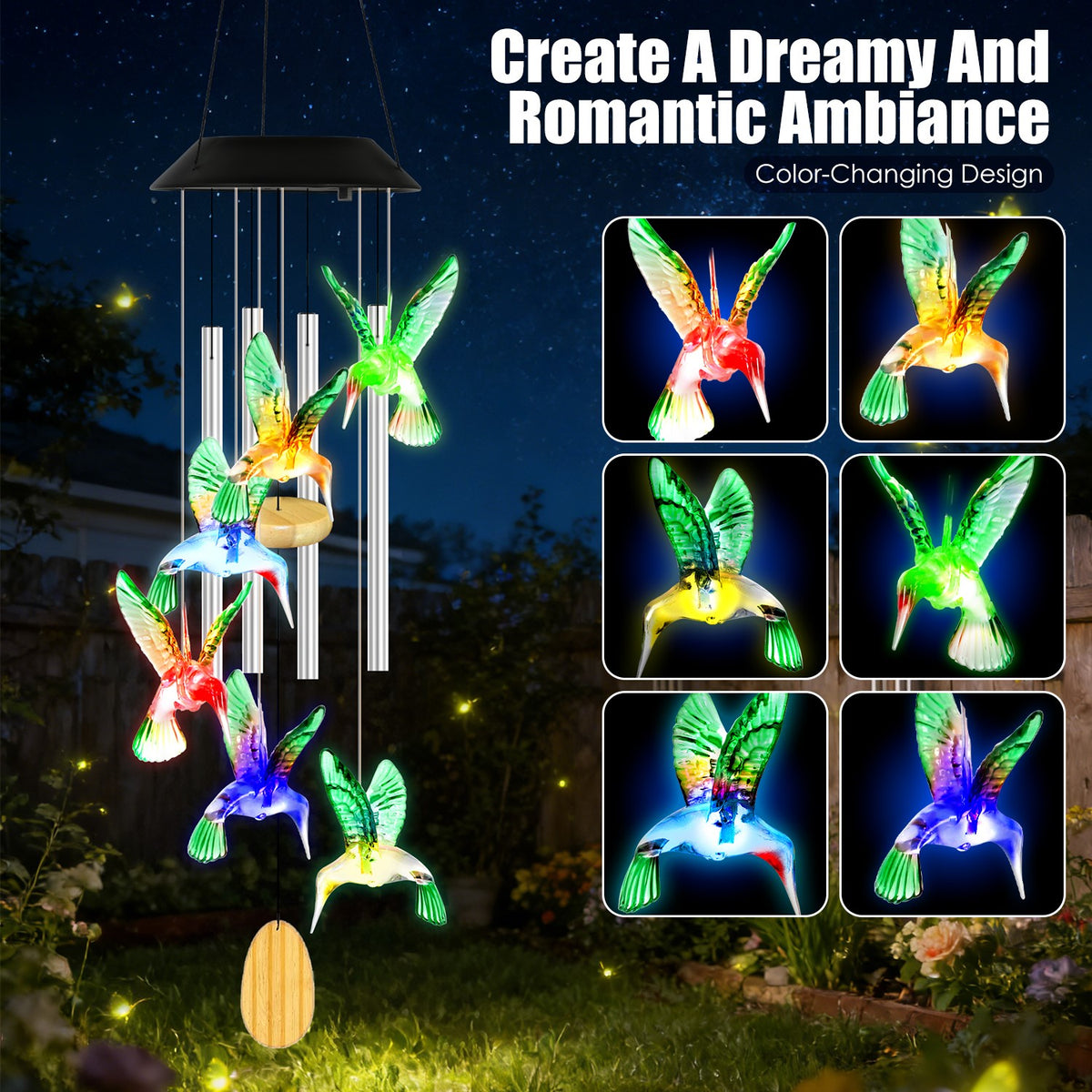 Solar Hummingbird Wind Chime With Aluminum Tubes 7 Color Changing Wind Chime - Image 2