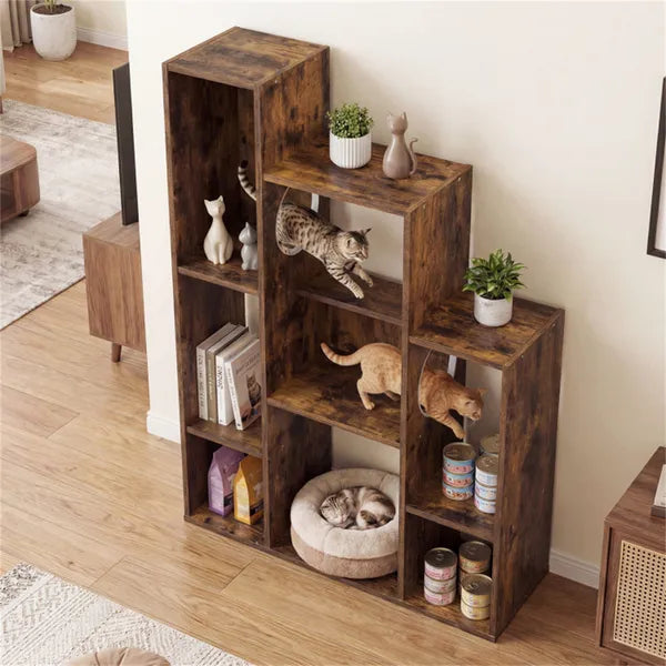 Cat Bookshelf Cabinet (Rustic Brown) 8 Organized Storage Sections & Multiple