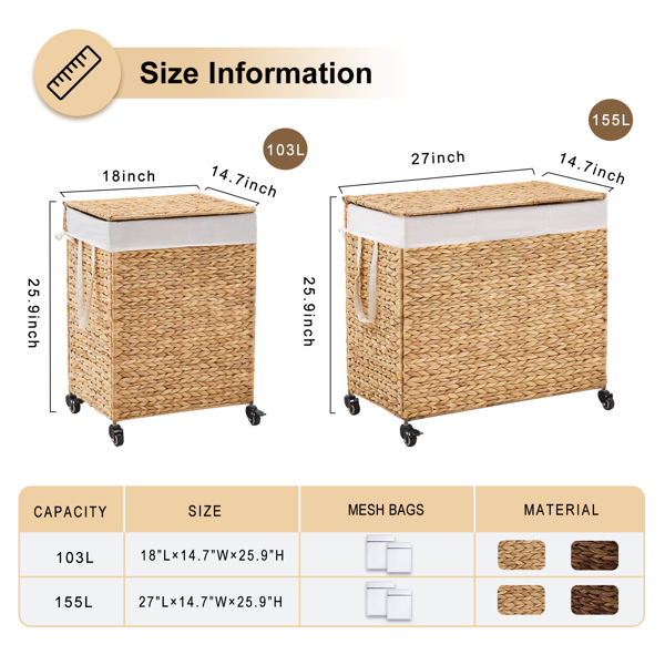 160L 3 Section Laundry Hamper With Lid And Wheels Woven Natural Water Hyacinth
