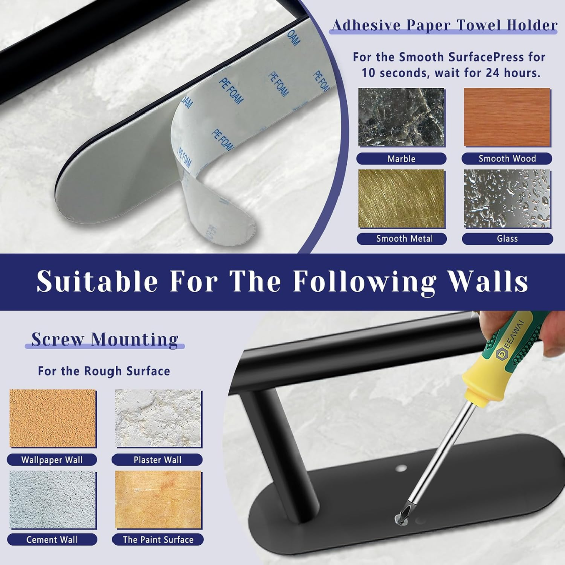 Black Self Adhesive Under Cabinet Paper Towel Holder Wall Mounted Roll - Image 3